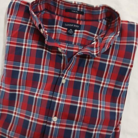 Lands' End XL Traditional Fit Red/Blue plaid Long-Sleeved Button-Down Shirt - Picture 4 of 12